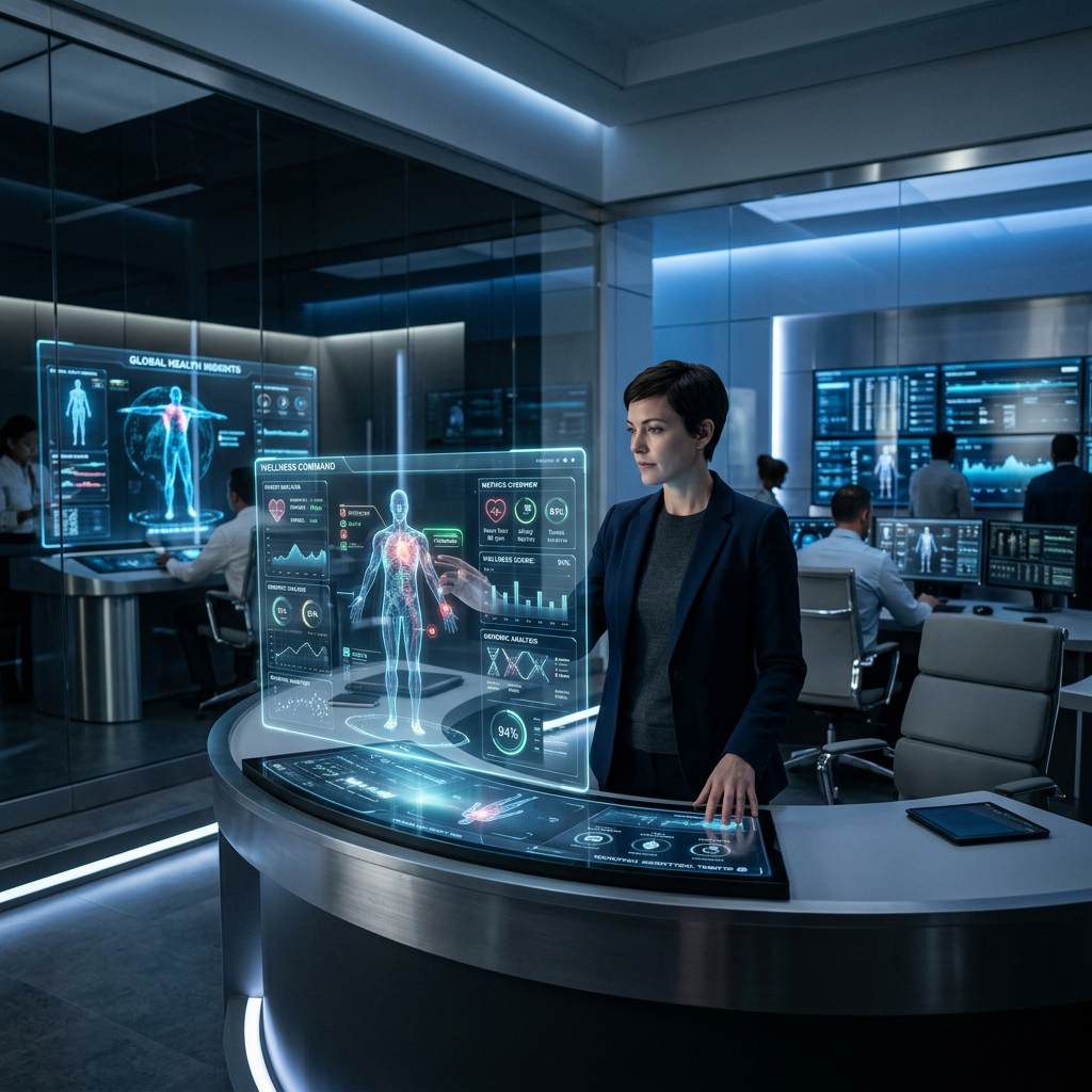 Futuristic digital command center with health metrics