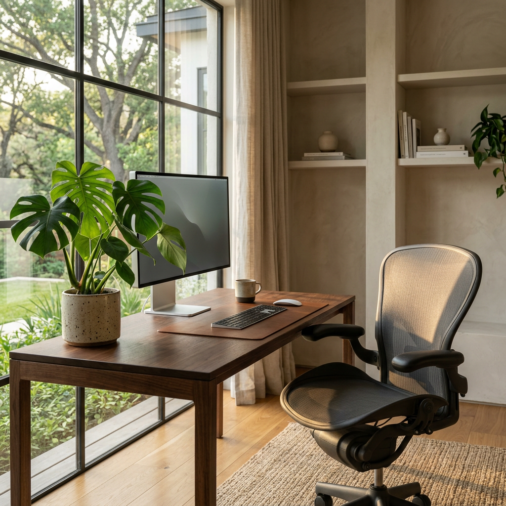 Minimalist luxury home office with natural sunlight