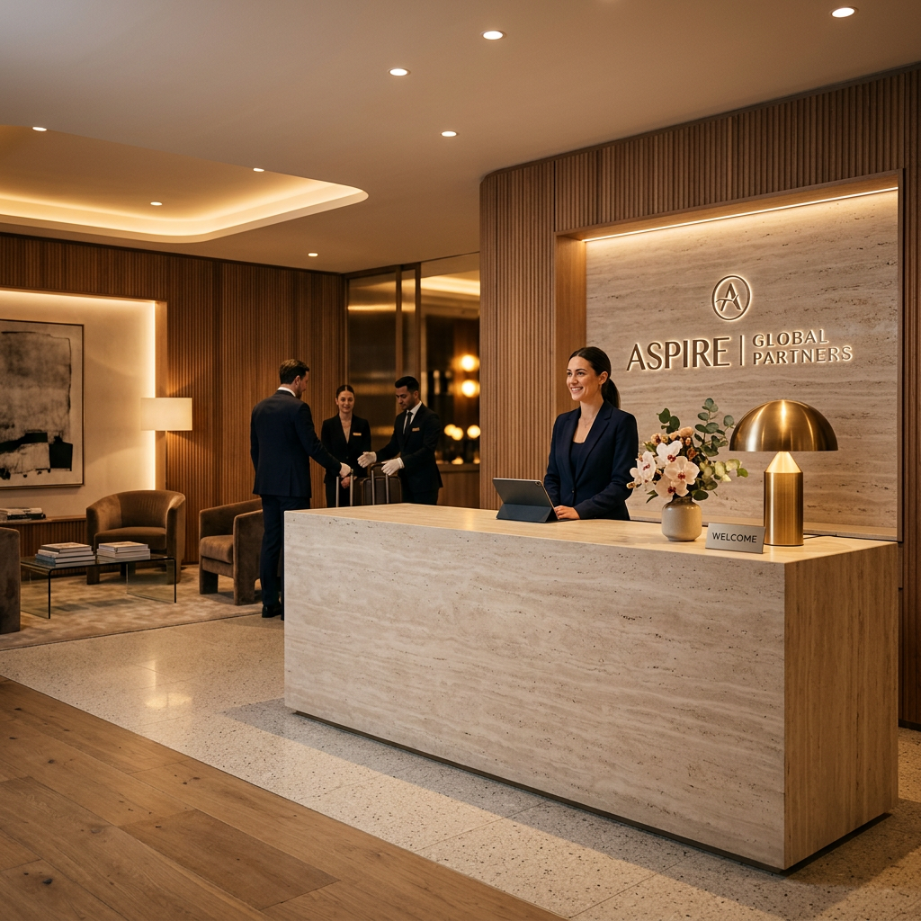 Luxury corporate reception area with minimalist stone desk